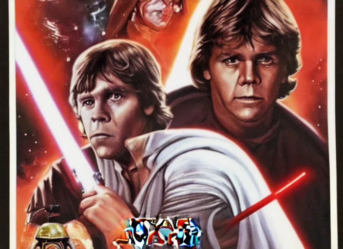 Image similar to vintage 1 9 7 7 star wars episode iv a new hope movie poster, of luke skywalker with bloodshot eyes smoking a huge blunt, surrounded by cannabis plants