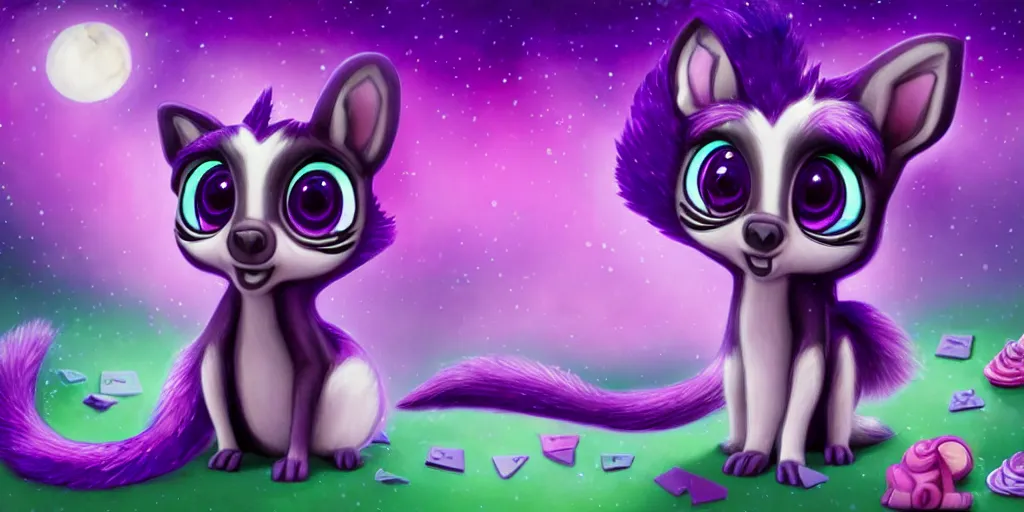 Image similar to 3 d purple - colored littlest pet shop purple raccoon, accessories, glittery wedding, ice cream, gothic, raven, rainbow, smiling, forest, moon, stars, master painter and art style of noel coypel, art of emile eisman - semenowsky, art of edouard bisson