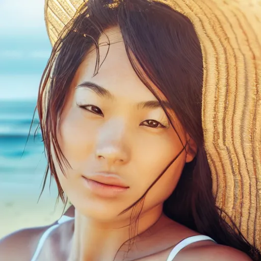 Image similar to a portrait of a young asiatic lady on a beach chair , highly perfect face, hot summertime hippie, sparky swimsuit , calm sea and beach background , sunny day, perfecly detailed, realistic portrait, perfect design, natural light