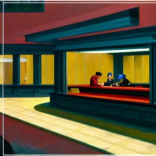 Image similar to a modern dining room design in the style of the nighthawks by edward hopper using unreal engine trending on artstation