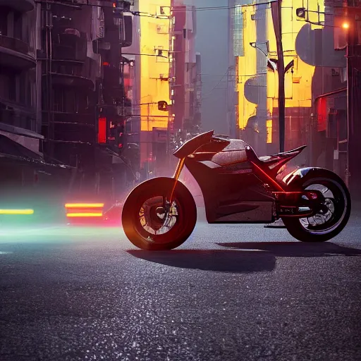 Image similar to a hyperrealistic photograph 3D octane render of a single wheel motorcycle concept design Japanese engineering in the streets of fire, trending on artstation, 4K, dramatic lighting, glowing, volumetric lighting, ray tracing, unreal engine