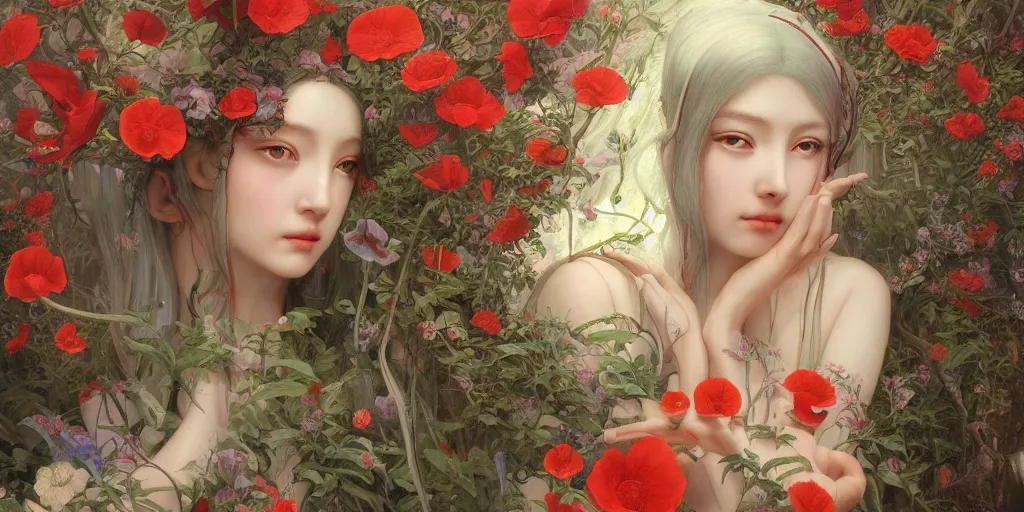 Image similar to breathtaking detailed concept art painting of the goddess of poppy flower, orthodox saint, with anxious, piercing eyes, ornate background, amalgamation of leaves and flowers, by hsiao - ron cheng and john james audubon and miho hirano, extremely moody lighting, 8 k