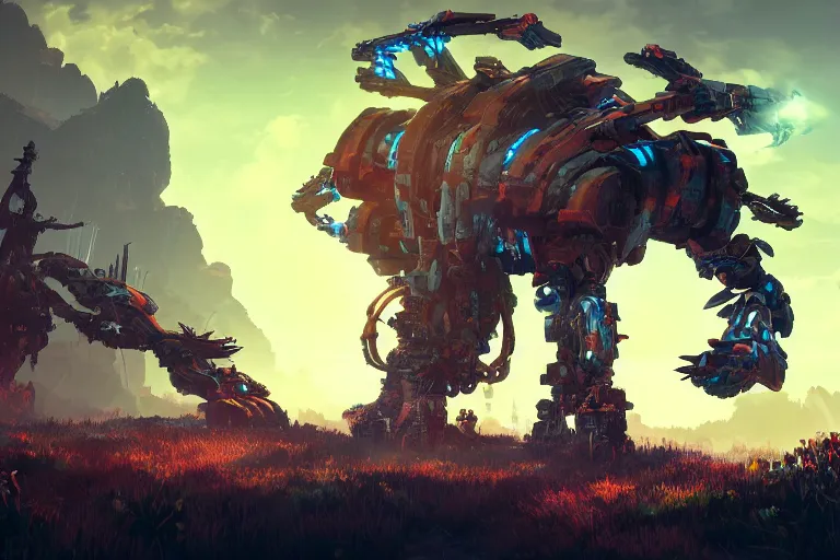 Image similar to ravager machine mecanical creature robot of horizon forbidden west horizon zero dawn bioluminiscence global illumination ray tracing hdr fanart arstation by ian pesty and alena aenami artworks in 4 k