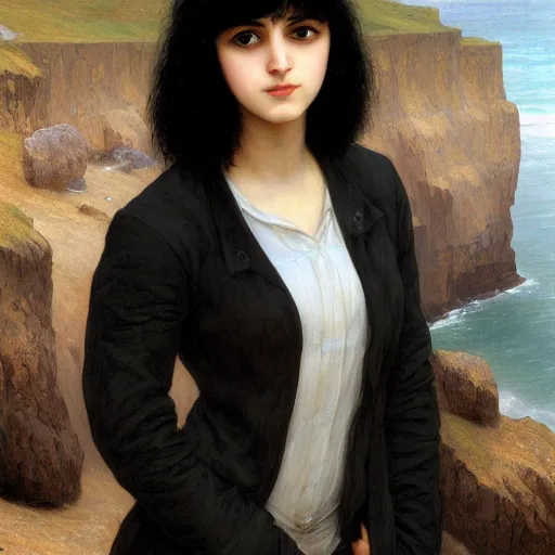 Image similar to 1 7 - year - old pale - skinned persian girl with black long bob cut, long bangs, black gothic jacket, black jeans, psychic girl, psychokinetic girl, standing on cliff along the irish coast, overcast gray skies, ultra - realistic, sharp details, subsurface scattering, intricate details, art by william - adolphe bouguereau