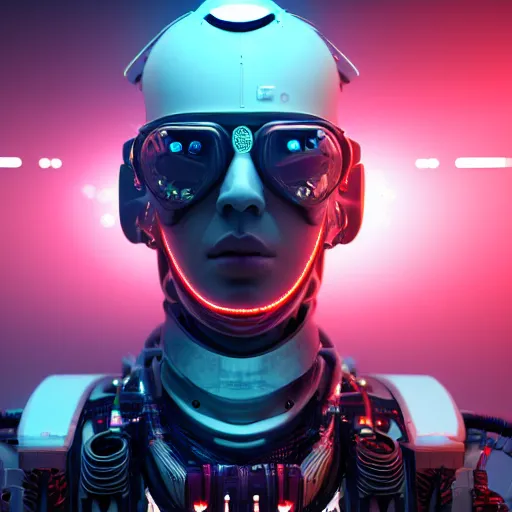 Prompt: photoreal 3 d portrait of a futuristic intricate angry robot in a infinity server bunker of singularity, intricate malfunctioning open circuits, glittering light leaks, harmonic electromagnetic waves, blue glowing agressive led eyes, wearing a very bionic intricate wwii combat flight mask and goggles, octane render, trending on artstation, cyberpunk, dystopia tokyo, by designer johannes w. dalheimer