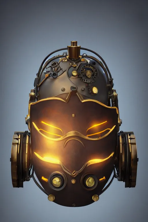 Image similar to steampunk mask minimalist fantasy art robot ninja helmet, global illumination ray tracing hdr fanart arstation by sung choi and eric pfeiffer and gabriel garza and casper konefal radiating a glowing aura