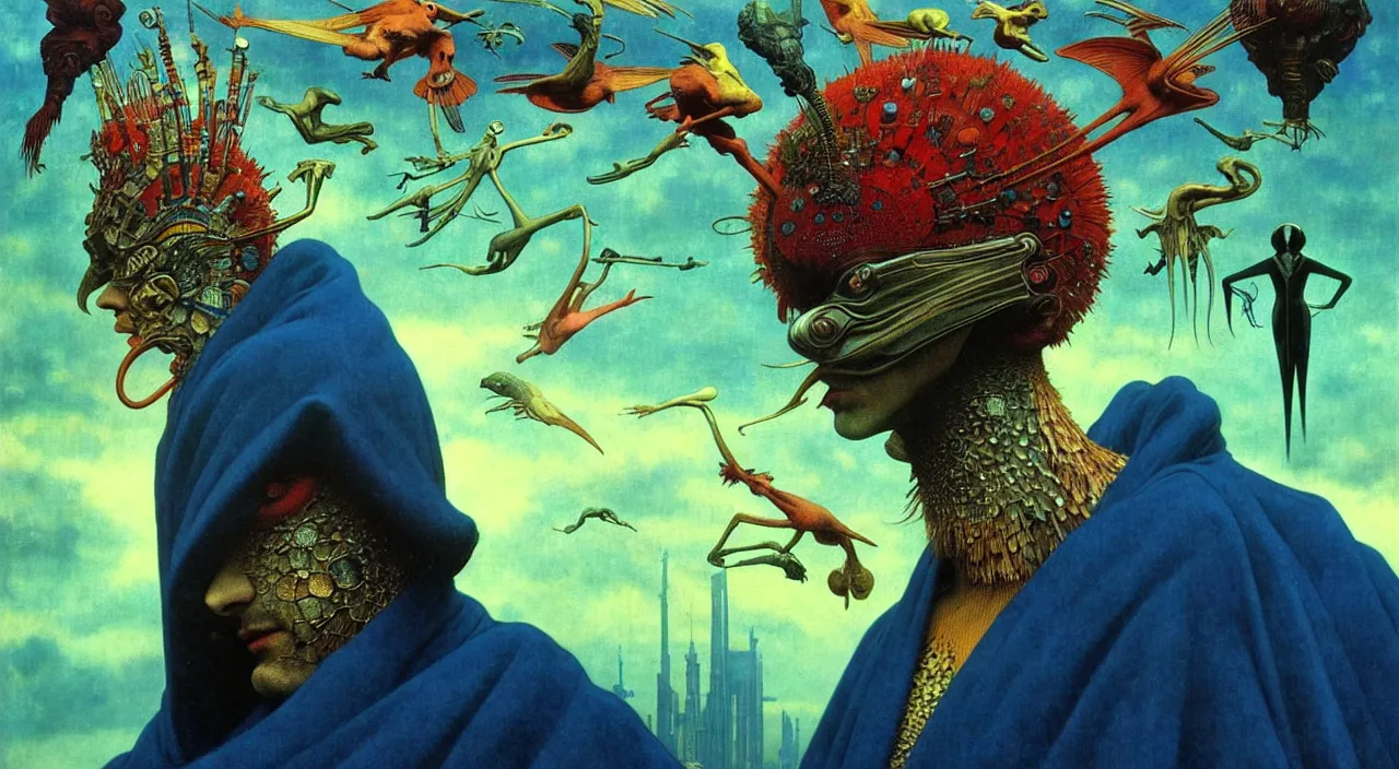 Image similar to realistic detailed portrait movie shot of a birdman wearing dark robes, sci fi city landscape background by denis villeneuve, amano, yves tanguy, alphonse mucha, ernst haeckel, max ernst, roger dean, masterpiece, rich moody colours, blue eyes, occult