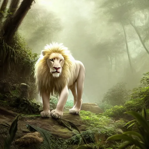 Image similar to commission portrait of a male anthro albino lion,wearing cargo pants and a boack t-shirt,going through a jungle cautiously.dramatic,character design by charles bowater,greg rutkowski,ross tran,hyperdetailed,hyperrealistic,4k,deviantart,artstation,professional photography,concept art