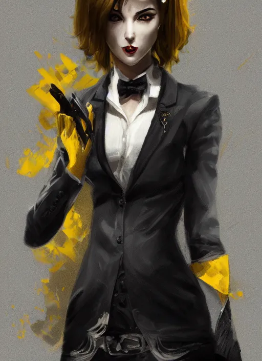 Image similar to a highly detailed illustration of beautiful short black messy haired woman wearing eyepatch and noir style suit and tie, yellow eyes, dramatic smiling pose, intricate, elegant, highly detailed, centered, digital painting, artstation, concept art, smooth, sharp focus, league of legends concept art, WLOP