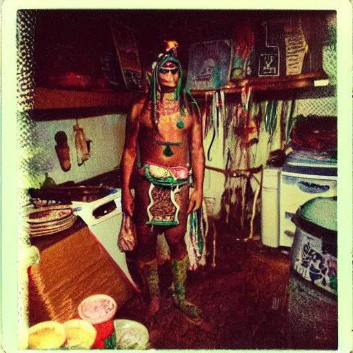 Prompt: polaroid of mayan shaman in the messy kitchen. creepy atmosphere, liminal space.