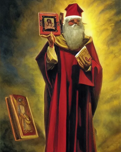 Image similar to portrait of ful length saint nicholas, showing him with a halo, dressed in clerical garb, and holding a book of the scriptures in his left hand while making the hand gesture for the sign of the cross with his right, by peter andrew jones!!!!, hd, hyper detailed, 4 k