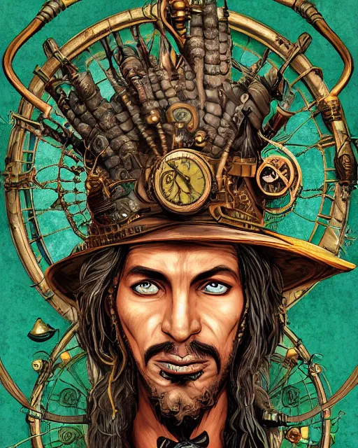 Prompt: a detailed portrait illustration of a steampunk wizard. stern indian male face, dark skin, piercing green eyes. art nouveau, pop art, comic book style. influenced by neil gaiman, h. p. lovecraft, dan mumford, brian froud, vadim voitekhovitch, killian eng, ross tran, cedric peyravernay.