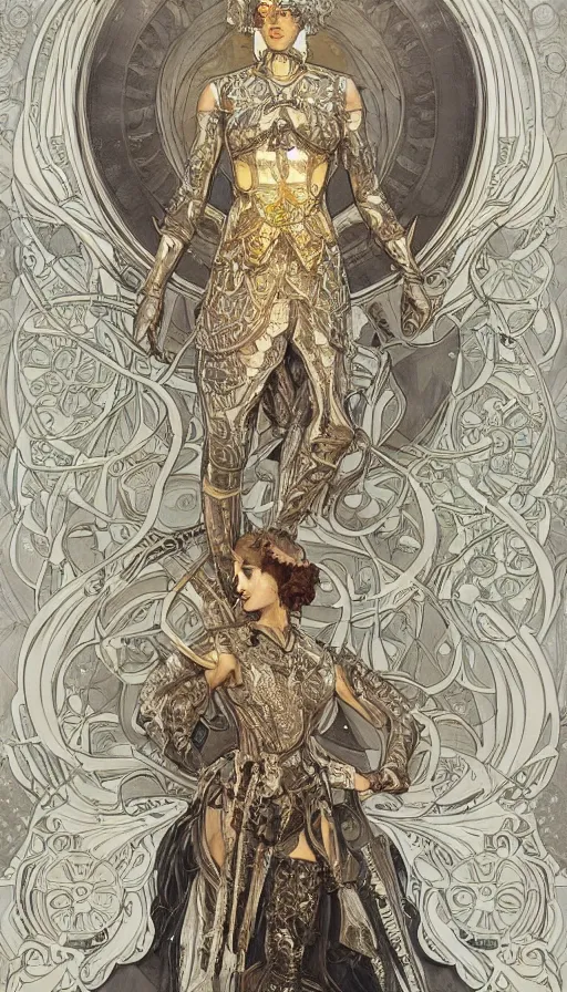 Image similar to soldiers in silver armor, highly detailed, very intricate, art nouveau, gold filigree, left right symmetry, tarot concept art watercolor illustration by mandy jurgens and alphonse mucha and alena aenami, featured on artstation