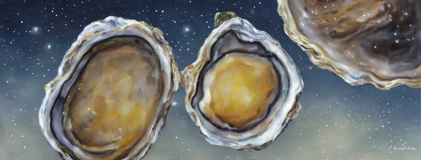 Prompt: Oyster with a star forming in it's core, floating in space, hyper realistic painting