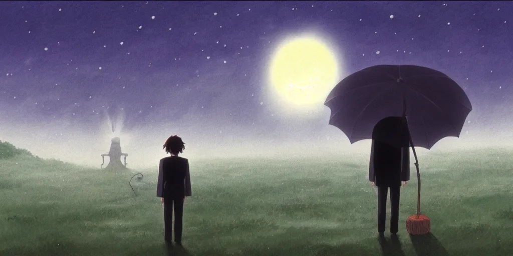 Image similar to a realistic cell - shaded studio ghibli concept art from paprika ( 2 0 0 6 ) of a man with an umbrella standing on a floating cube from close encounters of the third kind ( 1 9 7 7 ) on a misty starry night. very dull colors, hd, 4 k, hq