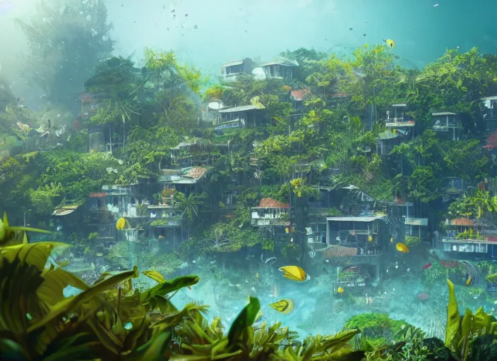 Prompt: overgrown foliage overtaking favela, underwater environment, buildings, coral, scenery, professional, award - winning, trending on artstation, detailed, realistic, beautiful, emotional, shiny, golden, picture