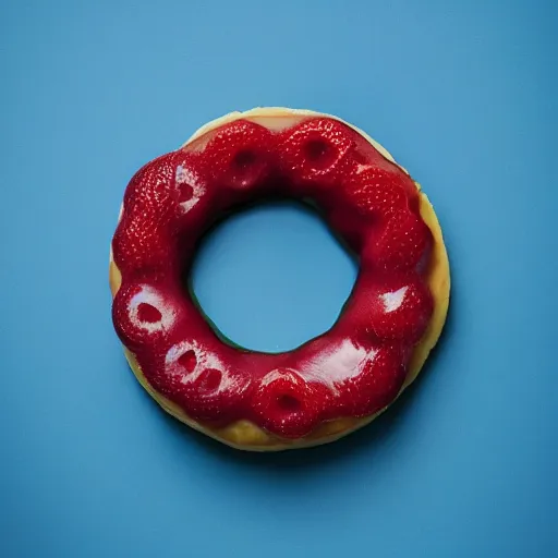 Prompt: Perfectly circular!!!!!! donut!!!!! in the shape!!!!!! of a strawberry!!!!!!, trending on artstation, 4k, 8k, professional photography, overhead shot, 35mm lens