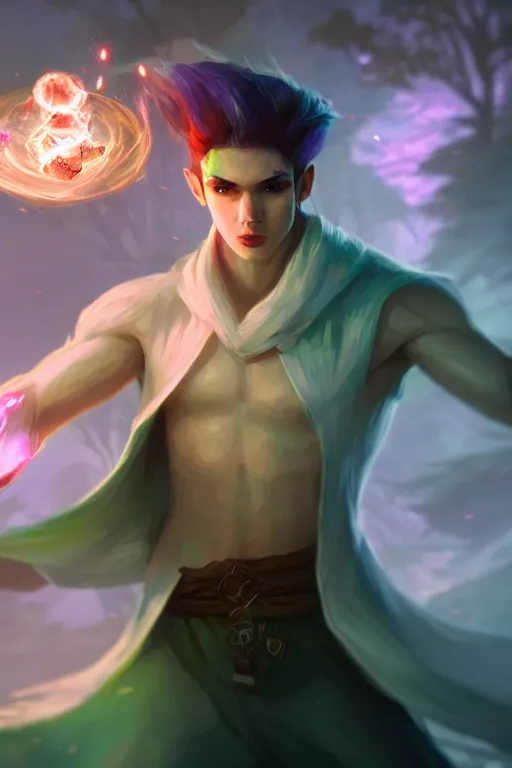 Image similar to a human elemental sorcerer, forest setting, colorful magic, male, white skin, young, sharp focus, concept art, dynamic lighting, unreal engine, by jeff chen