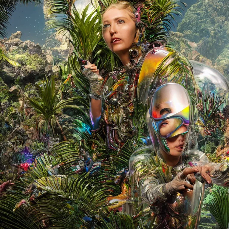 Image similar to octane render portrait by wayne barlow and carlo crivelli and glenn fabry, focus on a woman wearing a clear iridescent plastic spacesuit with intricate iridescent metal helmet, surrounded in colorful tropical alien flora in front of a giant rocky cave opening, cinema 4 d, ray traced lighting, very short depth of field, bokeh