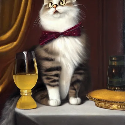 Prompt: a royal portrait of a ragdoll cat drinking a bottle of wine, oil on canvas