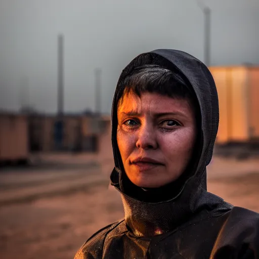 Image similar to photographic portrait of a poor techwear woman holding back tears, a futuristic shanty town burns in the background, closeup, sigma 85mm f/1.4, 4k, depth of field, high resolution, 4k, 8k, hd, full color