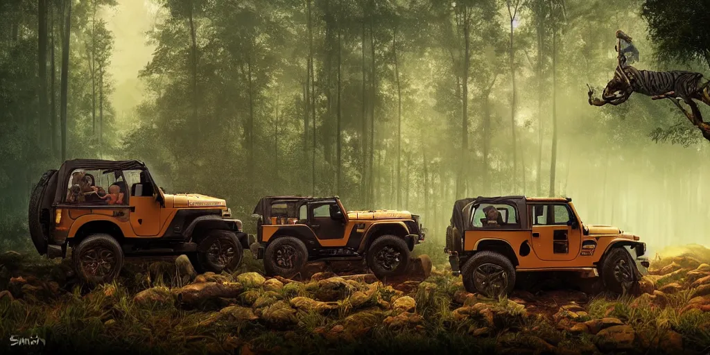 Image similar to Mahindra thar, in kerala forest, tigers and lions chasing, action scene, an epic fantasy, dramatic lighting, cinematic, establishing shot, extremely high detail, photorealistic, cinematic lighting, matte painting, artstation, by simon stalenhag, horizon forbideen west