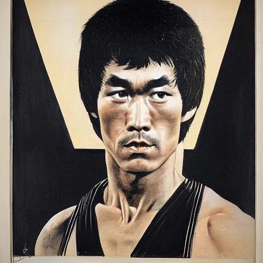 Image similar to Frontal portrait of an angry Bruce Lee. A portrait by Norman Rockwell.