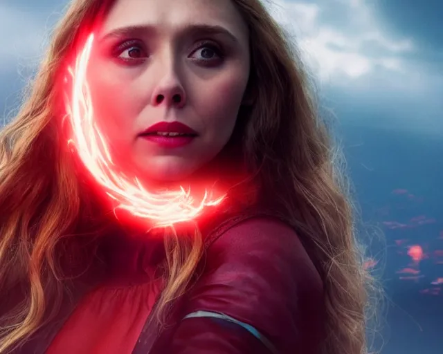 Image similar to movie still of elizabeth olsen as the scarlet witch afloat!!!!! in the air with red glowing eyes, emanating red magic!!!!! from her palms, full - body portrait, trending on artstation, 8 k quality, cgsociety contest winner, artstation hd, artstation hq, luminous lighting, beautiful cloudy atmosphere