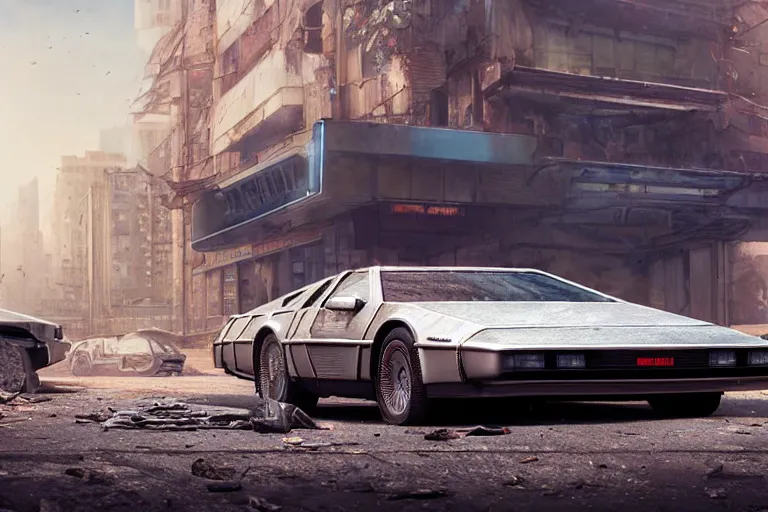 Image similar to highly detailed photorealistic rendering of a delorean parked on the streets of a cyberpunk abandoned city, driver side gullwing door is open, futuristic post - apocalyptic vibe, by greg rutkowski and stanley artgerm and alphonse mucha, octane, sharp focus, hyperrealistic, unreal engine 5, vray, masterpiece