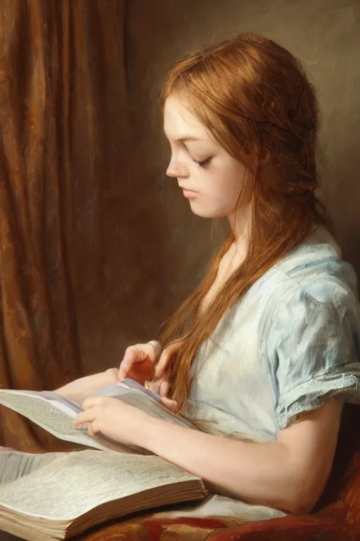 Image similar to a girl reading a book, hair flowing down, oil on canvas, intricate, 8 k highly professionally detailed, hdr, cgsociety