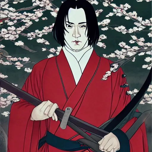 Prompt: detailed portrait of snape samurai with swords, in snow forest sakura cherry blossom, hakama kimono, trending on artstation elite, elegant, luxury, by krenz cushart, junji ito, takato yamamoto, perfect face, fine details, realistic shaded, fine - face, pretty face