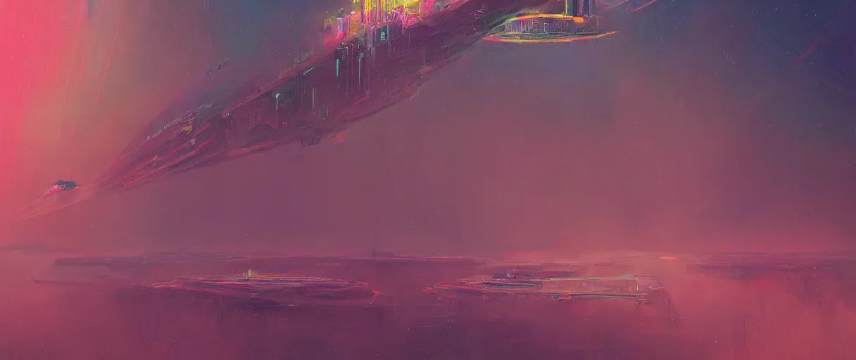 Image similar to (((neon palette))), humanity industrial!!! spaceship!!, deep space exploration!!!, ridley scott universe, mysterious, illustrative!!, apparent brush strokes, hyperdetailed, outline sketch, cinematic lighting, 4k, wide angle, trending on artstation, beksinski, by moebius