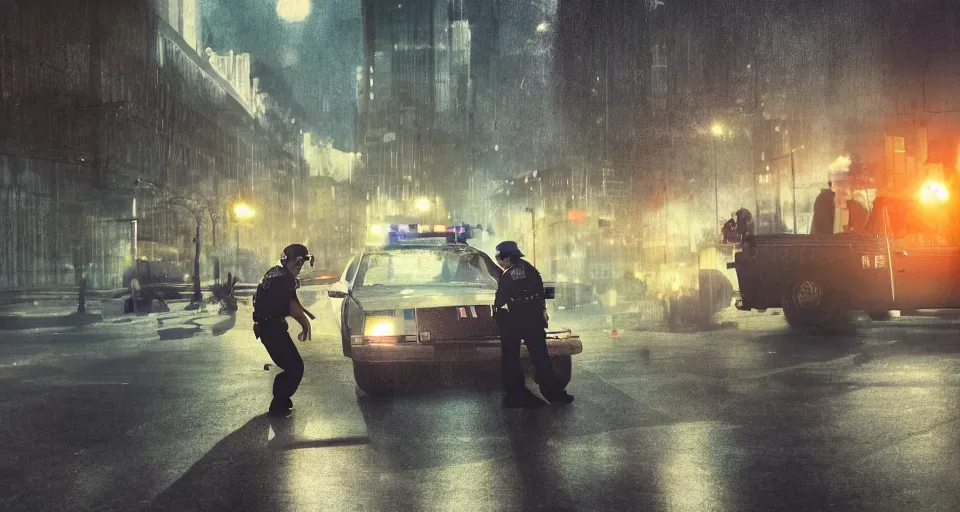 Prompt: as a painting, man getting arrested by police, police car in background with bright police sirens, lens glare, dramatic lighting, cinematic, establishing shot, extremely high detail, photo - realistic, cinematic lighting