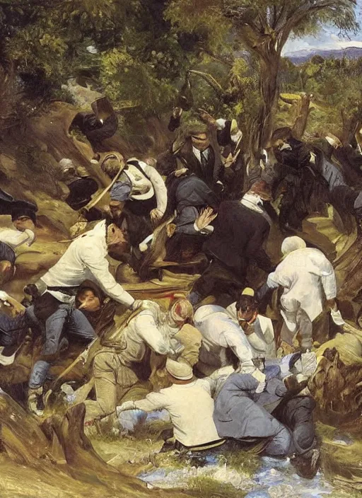 Prompt: artwork painting of the members of the mob dumping a body by eugene von guerard, ivan shishkin, john singer sargent