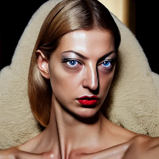 Prompt: a beautiful portrait of young flavia lucini as femme fatale bond villain, highly detailed, in the style of cinematic, getty images, milan fashion week backstage, makeup by pat mcgrath, greg rutkowski
