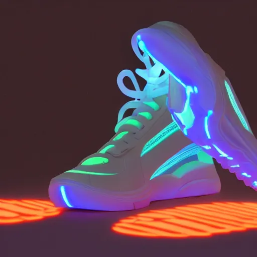Prompt: high quality octane 3 d render of bioluminescent sneakers floating in space, emissive, bloom, volumetric, ray - tracing, bjork