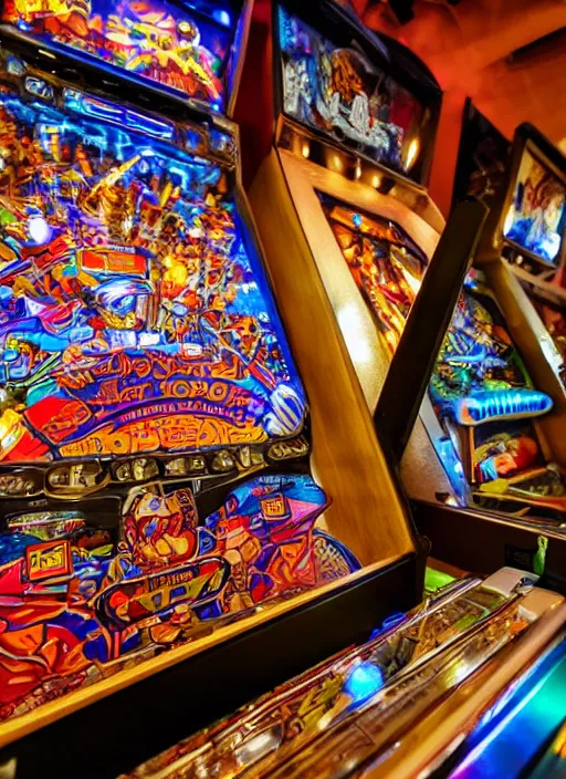 Prompt: a wide complex fancy wooden pinball machine that has fancy artwork inside with lights and pinball bumpers, x themed, front-view, dslr photo