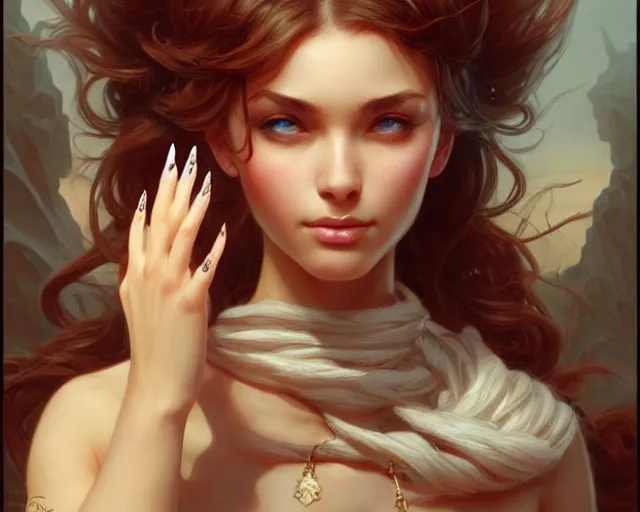 Image similar to nail manicure beautiful design, deep focus, d & d, fantasy, intricate, elegant, highly detailed, digital painting, artstation, concept art, matte, sharp focus, illustration, hearthstone, art by artgerm and greg rutkowski and alphonse mucha