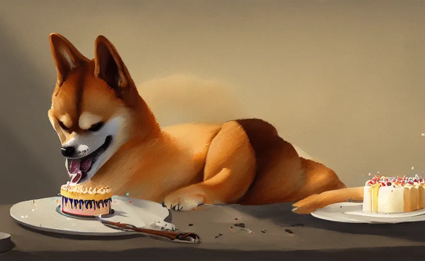 Prompt: a painting of a shiba inu eating a birthday cake trending on artstation in the style of greg rutkowski