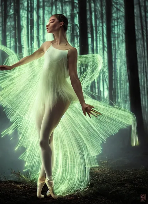 Image similar to luminescent long exposure light painting beauteous practical sumptuous ballerina, lifelike incredible hair, projected crystalline masterpiece incrustations, hyperdetailed face, elegant pose, movie still, intricate, octane render, cinematic forest lighting,