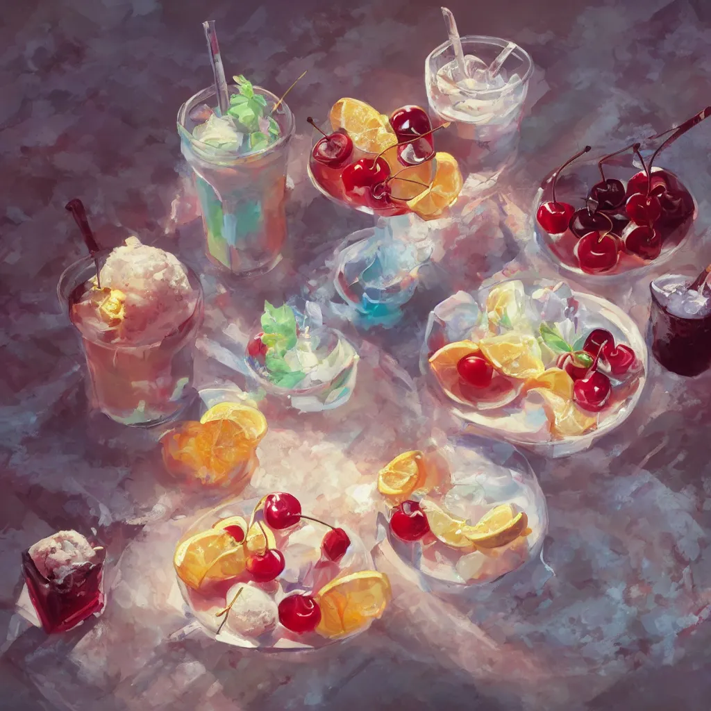 Image similar to a still life painting of cold drinks, ice cream, cherry embellishment, in the style of makoto shinkai, dreamy, soft, global illumination, radiant light, intricate environment, luminescence, highly detailed, 8 k