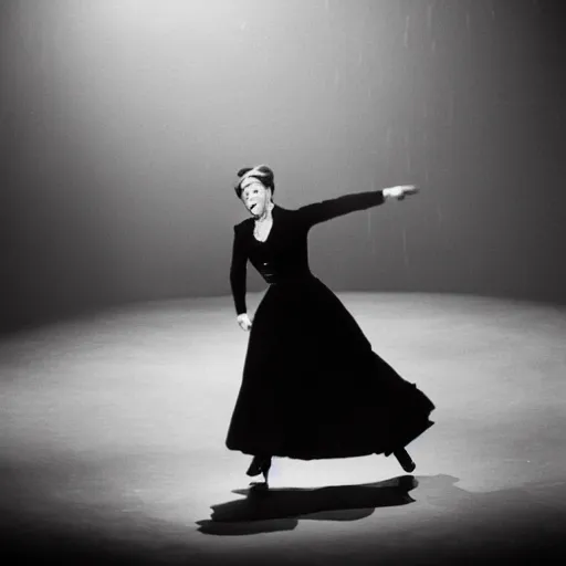 Image similar to julie andrews in all black, dancing alone on stage, dramatic lighting, very detailed photo