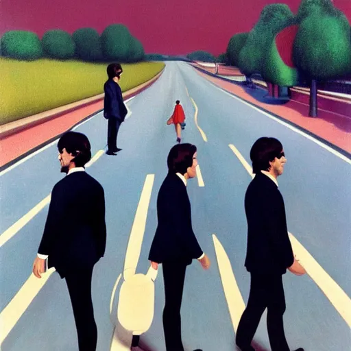 Image similar to beatles walk across the road by Raphael, Hopper, and Rene Magritte. detailed, romantic, enchanting, trending on artstation.