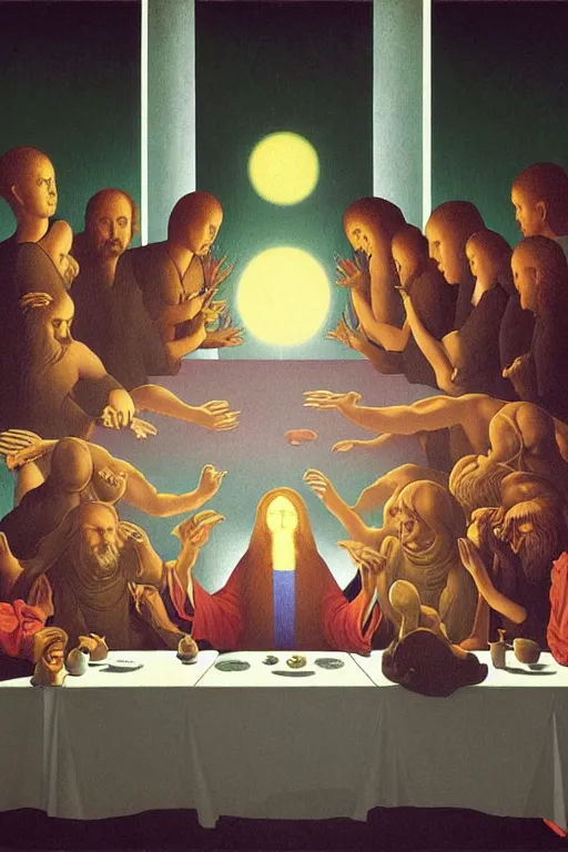 Prompt: colorful!!! the last supper by rene magritte, futuristic by laurie greasley and bouguereau, ( ( etching by gustave dore ) ), cyberpunk, ultraclear intricate, sharp focus, highly detailed digital painting illustration, concept art, masterpiece