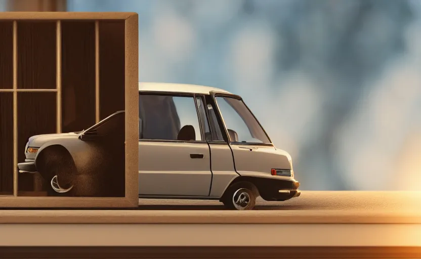 Image similar to a miniature of a Peugeot 309 Vital on a bookshelf near a window at sunset, DOF, octane render, unreal engine 5, godrays, complementary colors, calm, symmetrical, highly detailed, high quality, 4k, beautiful, hyperrealistic