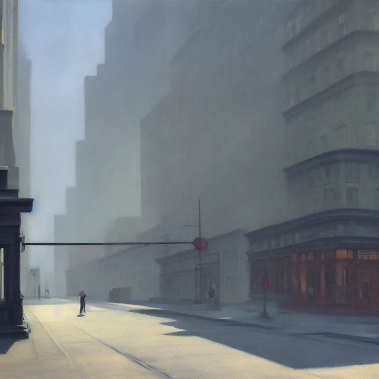 Prompt: city fog, early morning, painted by Edward Hopper, painted by Wayne Barlow, airbrush