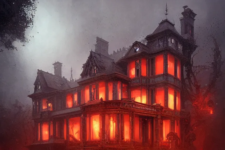 Prompt: A Victorian House of The Void made of eyeballs and tentacles, Red and Orange colored, 4k, masterpiece, cinematic, glowing, by Greg Rutkowski, Trending on Artstation, Behance. Polished, Volumetric Lighting