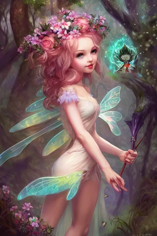 Image similar to a cute fairy in the dreamy forest, fantasy, 8 k resolution, hyper detailed, d & d, character design, digital painting, trending on artstation, sharp focus, illustration, art by artgerm, steve zheng, fuji choko, viktoria gavrilenko, hoang lap