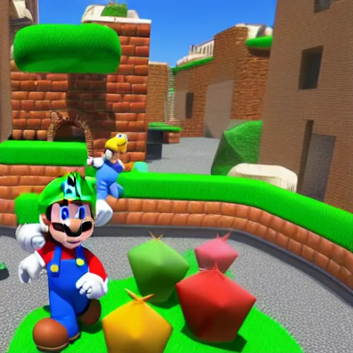 Image similar to in-game screenshot of Super Mario 64, 3d render, Unreal Engine, octane render, ray tracing, Unity, highly detailed, high quality, HD, 4k, 8k, realistic, sharp, trending