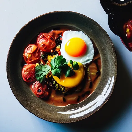 Image similar to “Black pudding ceviche in leche de tigre, roasted tomatoes, fried egg, chili oil, Michelin starred restaurant, award winning photography, 40mm, f4”